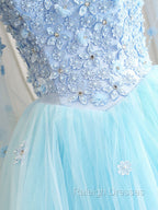 Blue Sweetheart Neck Tulle Lace Long Prom Dress, Blue Prom Dress
