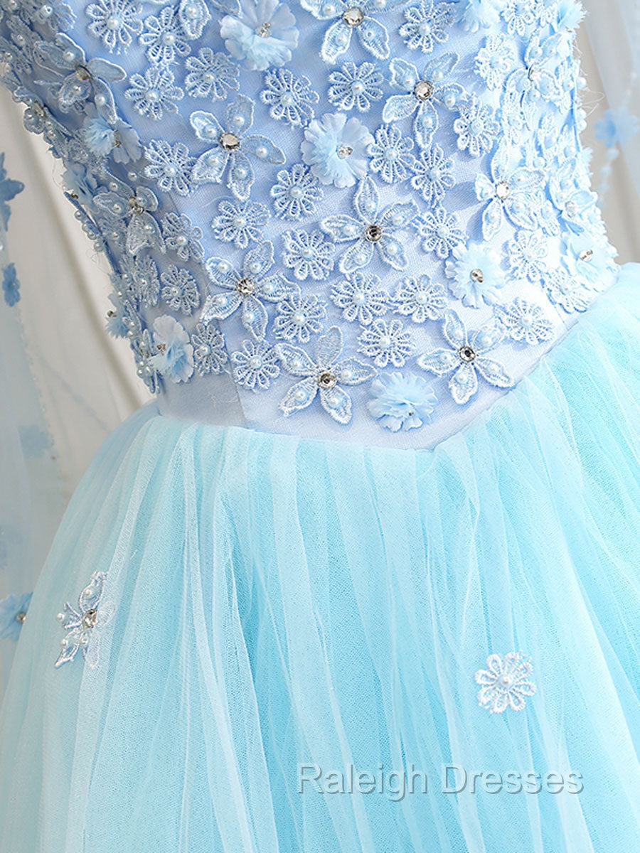 Blue Sweetheart Neck Tulle Lace Long Prom Dress, Blue Prom Dress