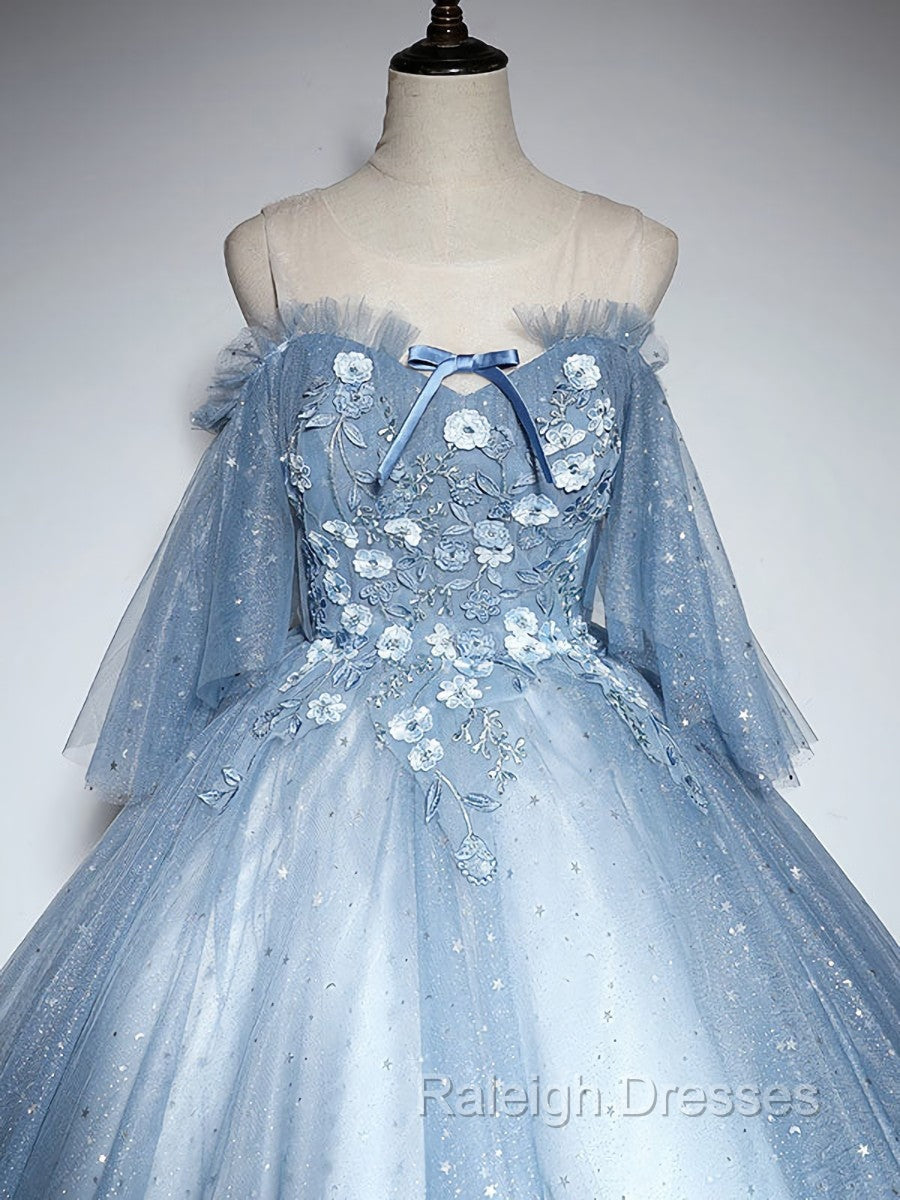 Blue Sweetheart Neck Tulle Lace Long Prom Dress, Blue Evening Dress Secondary image