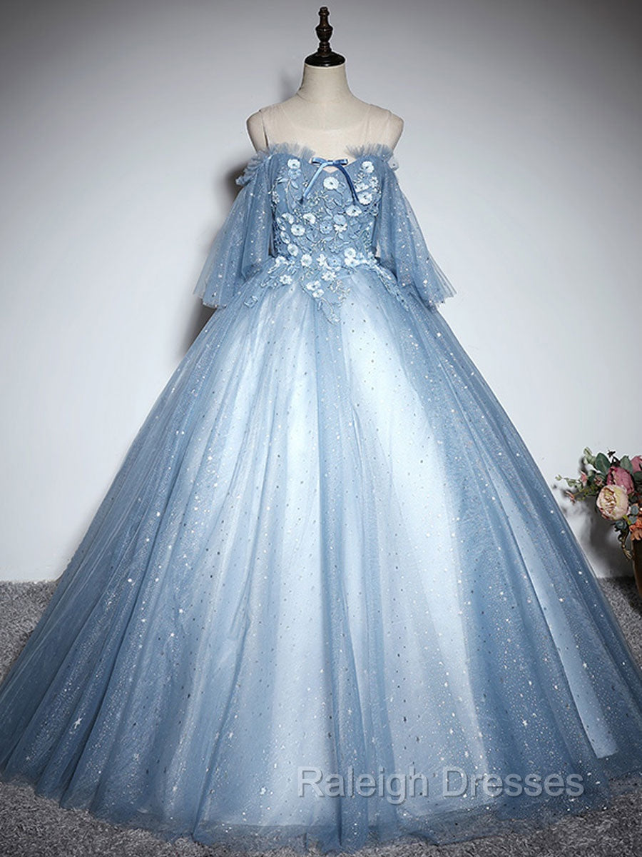Blue Sweetheart Neck Tulle Lace Long Prom Dress, Blue Evening Dress Main image