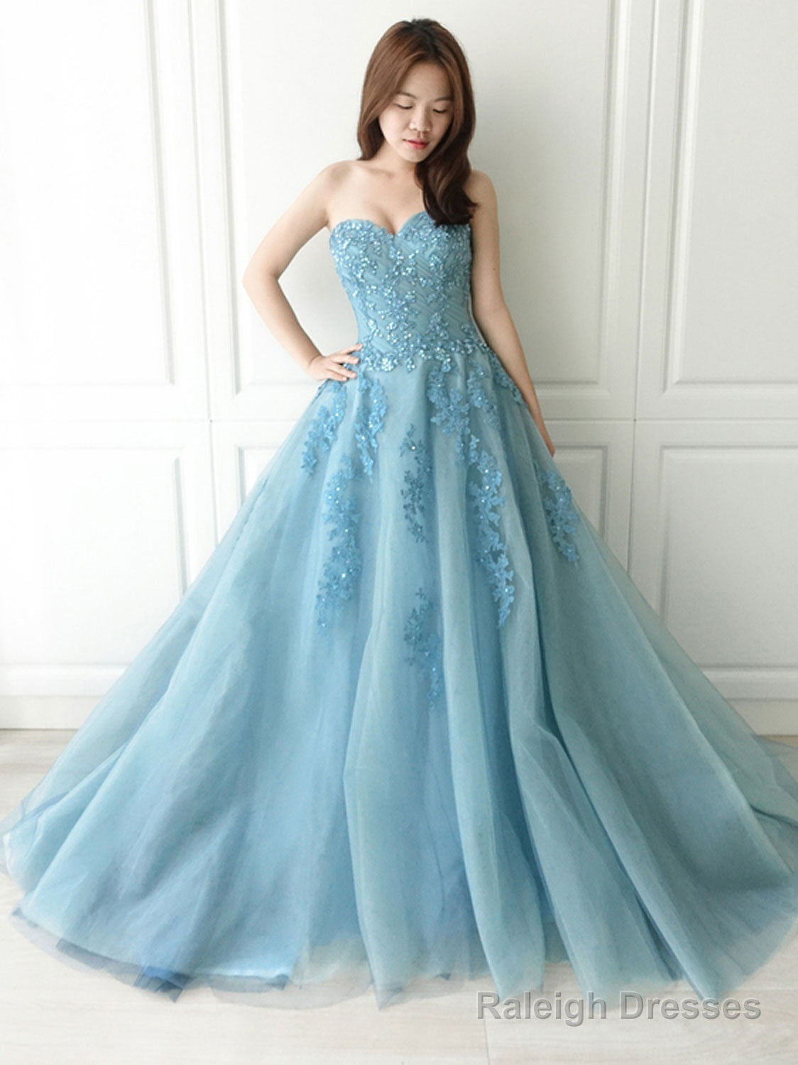 Blue Sweetheart Neck Tulle Lace Long Prom Dress, Blue Tulle Formal Dress Main image