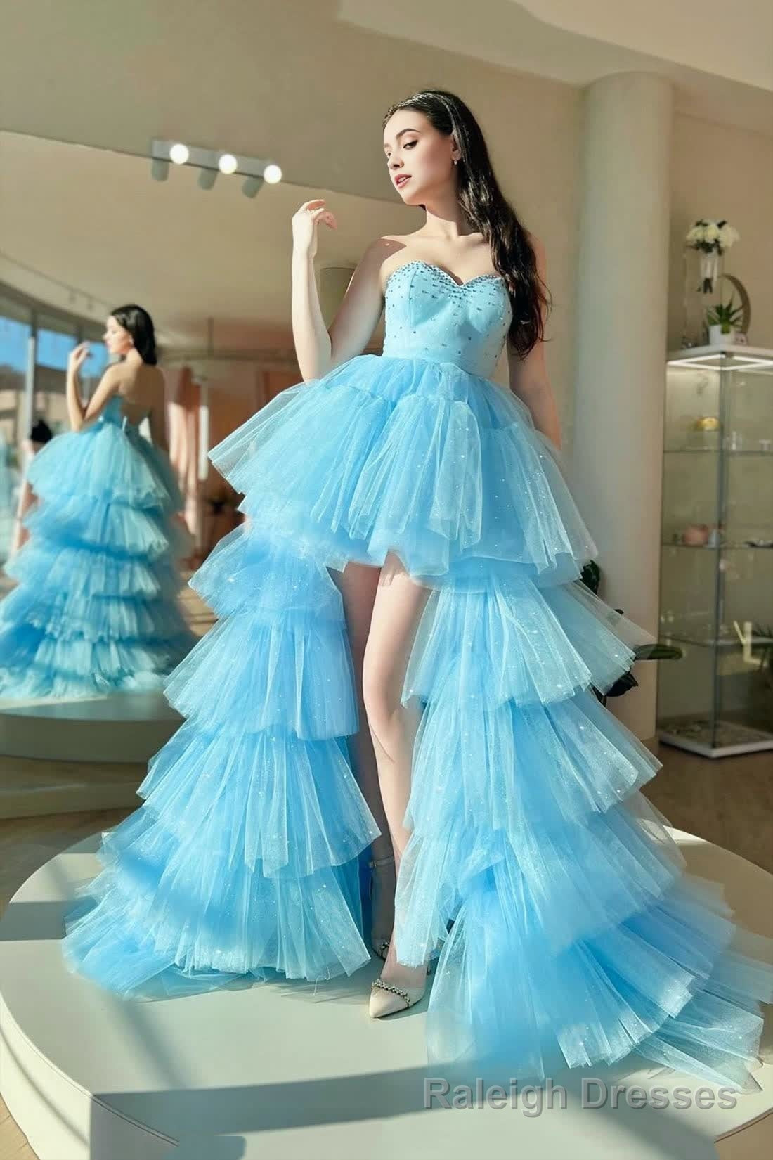 Blue Sweetheart Neck Tulle Long Prom Dress, Beautiful A-Line High Low Party Dress Main image