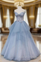 Blue Sweetheart Neck Tulle Long Prom Gown, Blue Long Formal Graduation Dress