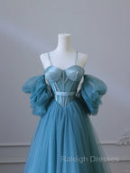 Blue Sweetheart Off Shoulder Long Party Dress, Blue Tulle Prom Dress