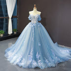 Blue Sweetheart Off Shoulder with Lace Applique Prom Dress, Blue Sweet 16 Dress