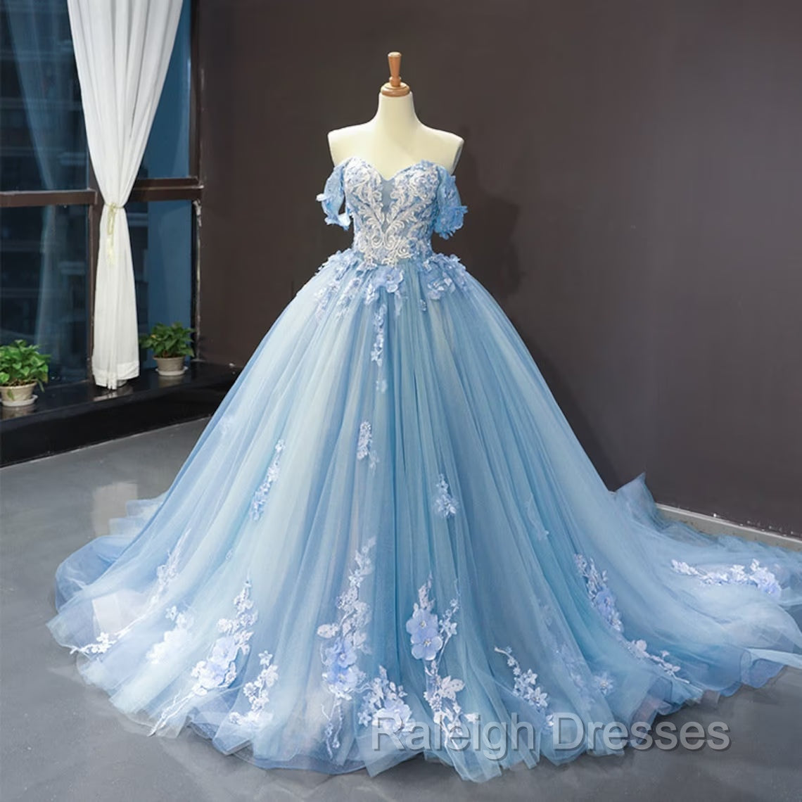 Blue Sweetheart Off Shoulder with Lace Applique Prom Dress, Blue Sweet 16 Dress