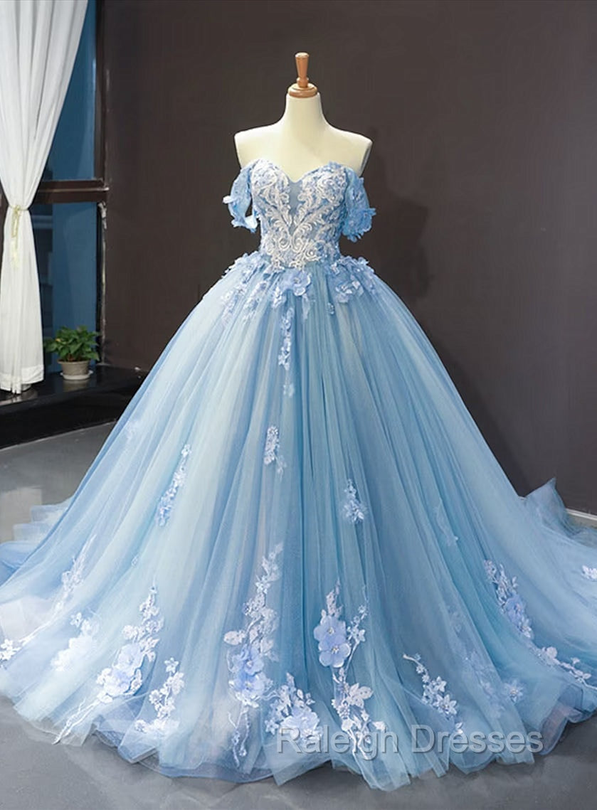 Blue Sweetheart Off Shoulder with Lace Applique Prom Dress, Blue Sweet 16 Dress