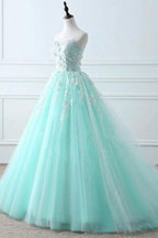 Blue Sweetheart Puffy Tulle Formal Prom with Lace Appliques Long Graduation Dress