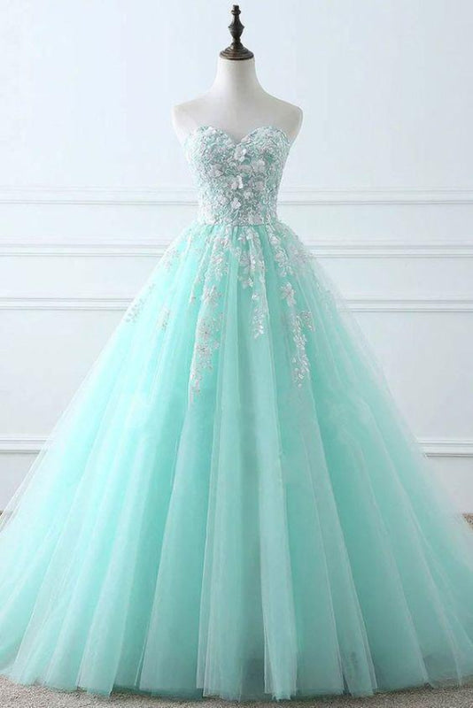 Blue Sweetheart Puffy Tulle Formal Prom with Lace Appliques Long Graduation Dress