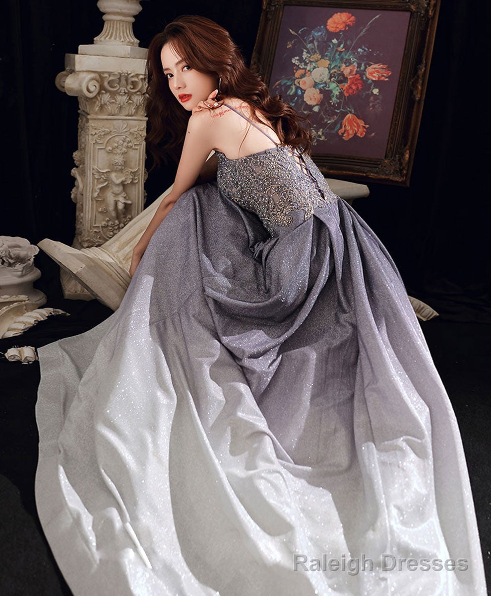 Blue Sweetheart Satin Lace Gradient Long Prom Dress