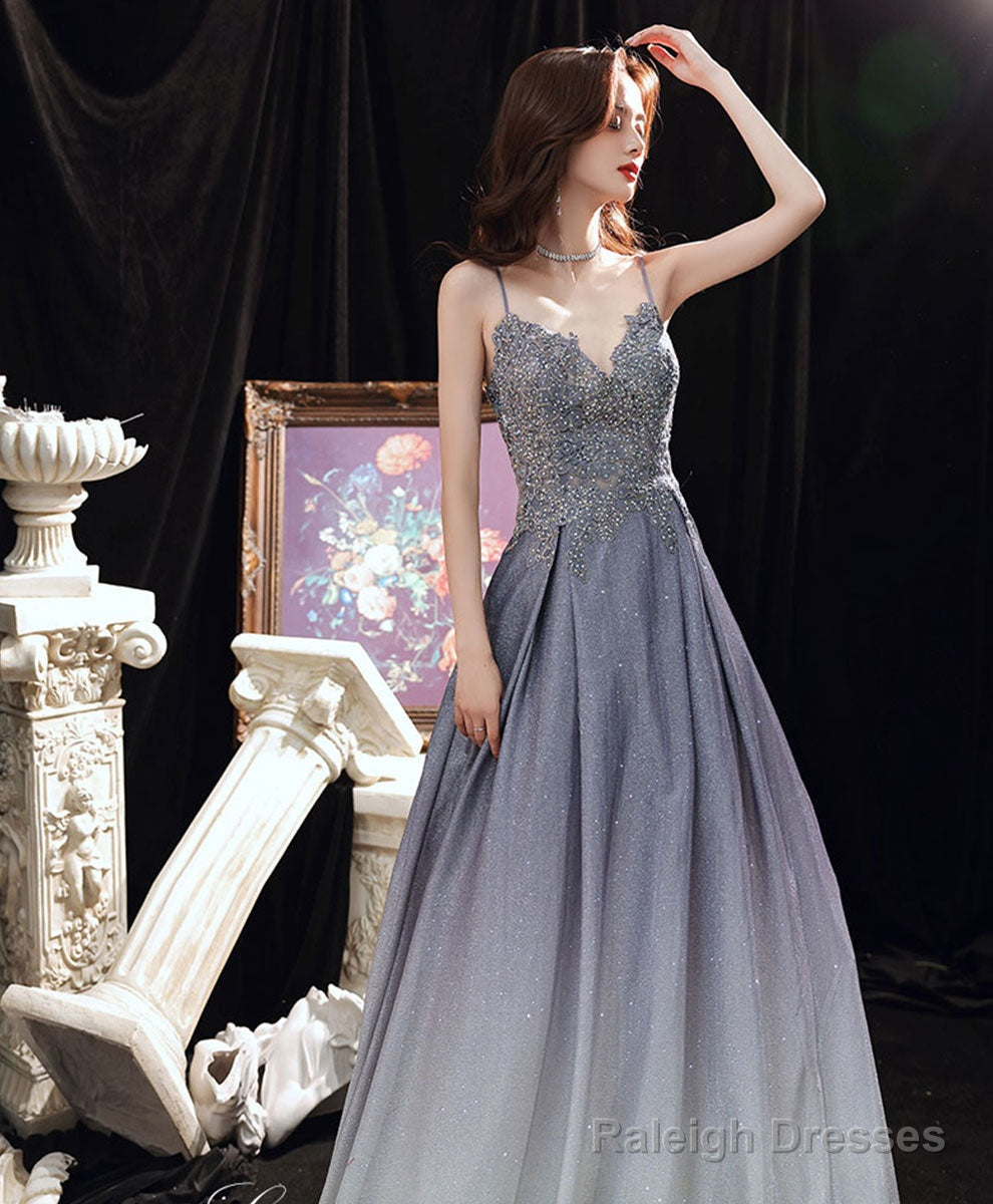 Blue Sweetheart Satin Lace Gradient Long Prom Dresses