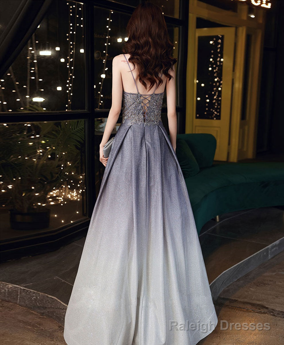 Blue Sweetheart Satin Lace Gradient Long Prom Dresses
