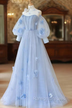 Blue Sweetheart Tulle 3D Flower Long Prom Dress, Blue Prom Dress