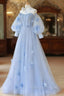 Blue Sweetheart Tulle 3D Flower Long Prom Dress, Blue Prom Dress