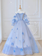 Blue Sweetheart Tulle 3D Flower Long Prom Dress, Blue Prom Dress