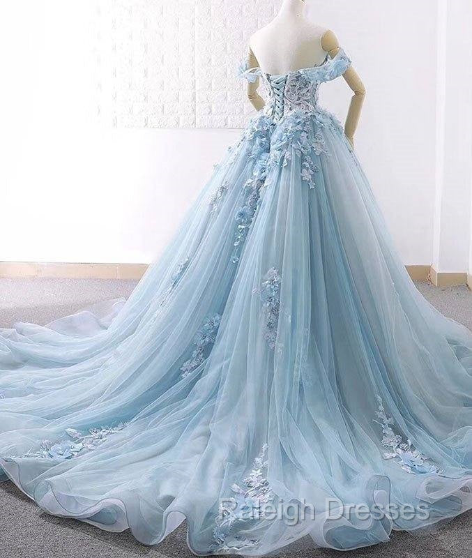 Blue Sweetheart Tulle Lace Long Prom Dress, Blue Wedding Dress