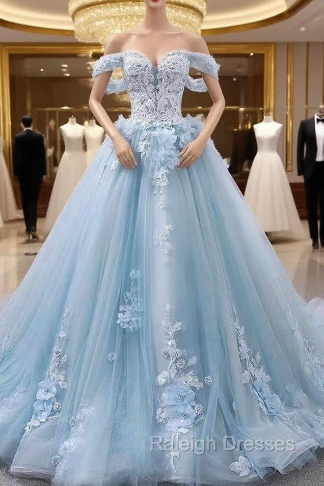 Blue Sweetheart Tulle Lace Long Prom Dress, Blue Wedding Dress