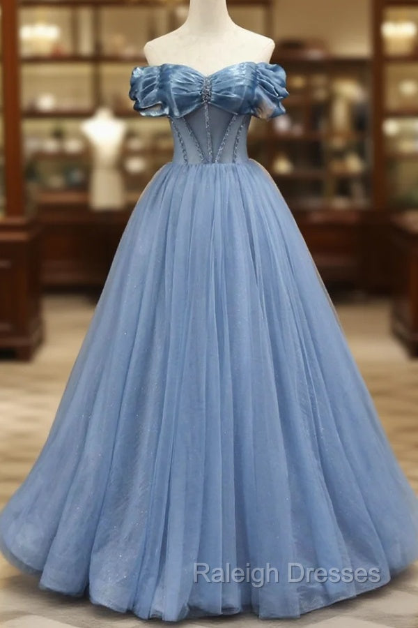 Blue Sweetheart Tulle Long Formal Dress, Off the Shoulder Evening Graduation Dress Main image