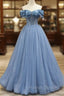 Blue Sweetheart Tulle Long Formal Dress, Off the Shoulder Evening Graduation Dress