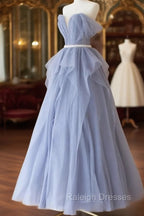 Blue Sweetheart Tulle Off-the-Shoulder Floor Length Prom Dresses, Blue Prom Gowns