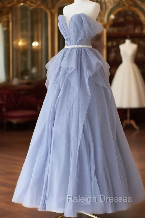 Blue Sweetheart Tulle Off-the-Shoulder Floor Length Prom Dresses, Blue Prom Gowns