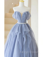 Blue Sweetheart Tulle Off-the-Shoulder Floor-Length Prom Dresses, Blue Evening Gown