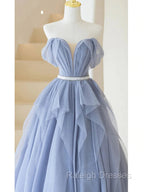 Blue Sweetheart Tulle Off-the-Shoulder Floor Length Prom Dresses, Blue Prom Gowns