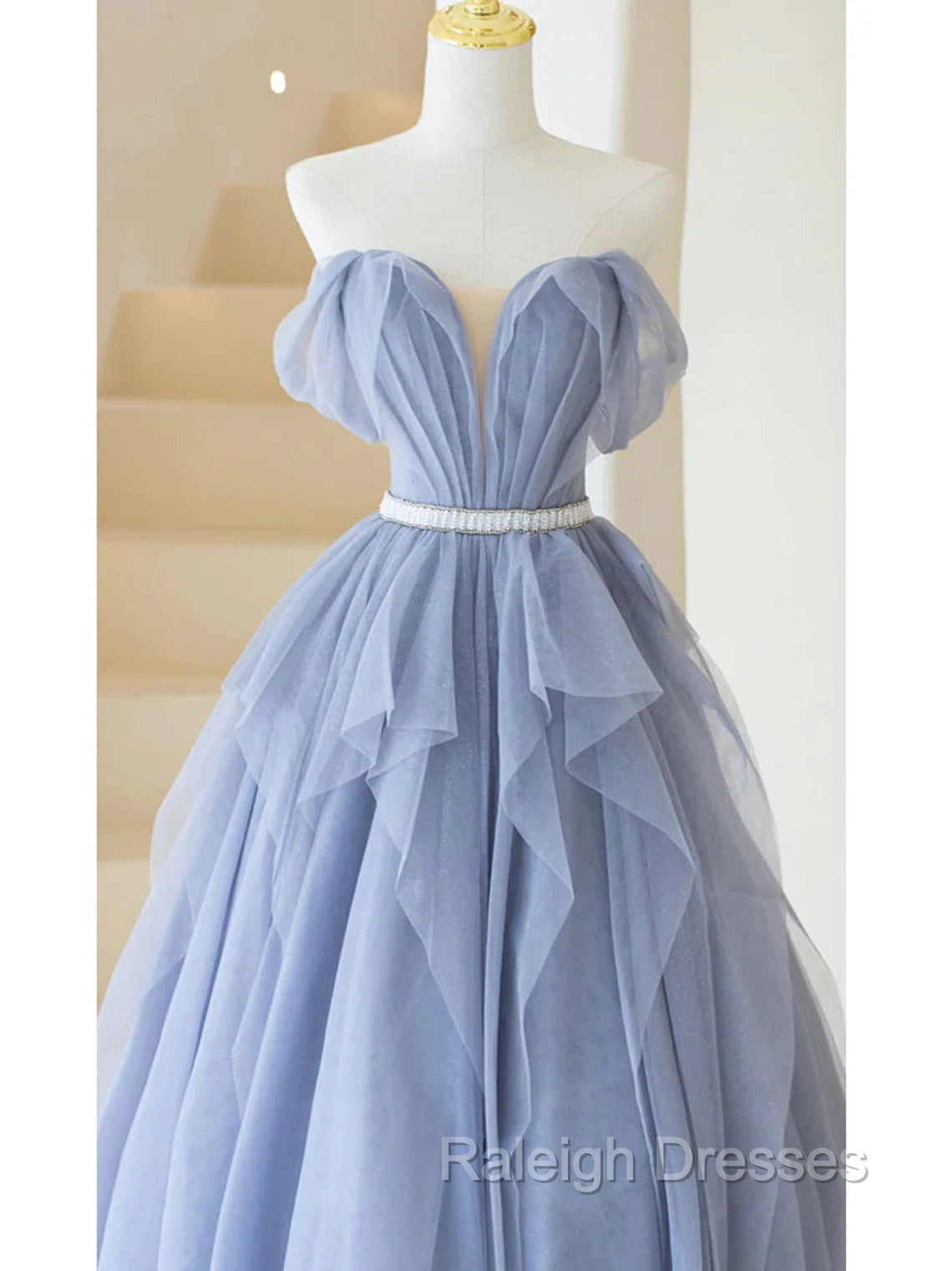 Blue Sweetheart Tulle Off-the-Shoulder Floor Length Prom Dresses, Blue Prom Gowns