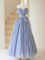 Blue Sweetheart Tulle Off-the-Shoulder Floor Length Prom Dresses, Blue Prom Gowns