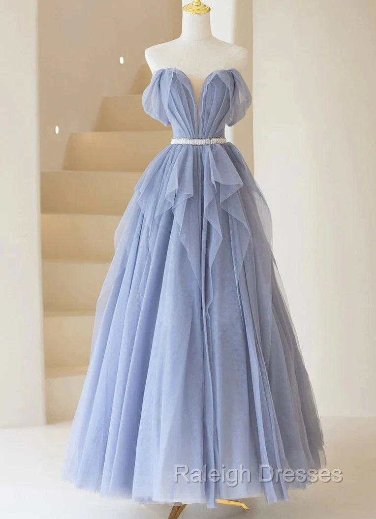 Blue Sweetheart Tulle Off-the-Shoulder Floor-Length Prom Dresses, Blue Evening Gown Main image