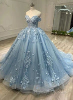Blue Sweetheart Tulle with Lace Applique Off Shoulder Party Dress, Blue Sweet 16 Dress