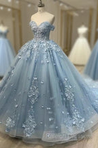 Blue Sweetheart Tulle with Lace Applique Off Shoulder Prom Dress, Blue Sweet 16 Dress