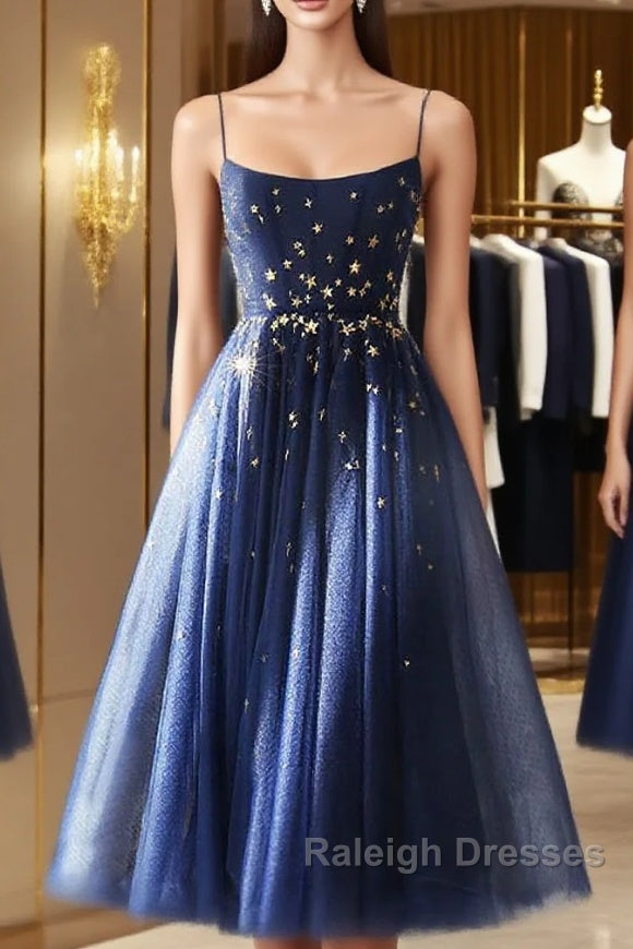 Blue Tea Length Tulle Prom Dresses Blue Tulle Bridesmaid Dresses Main image