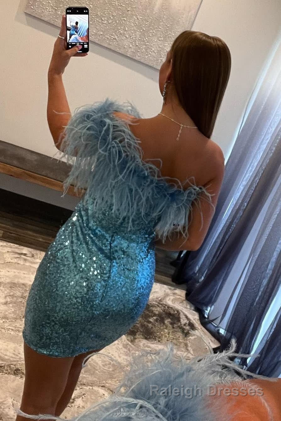 Blue Tight Sequins Homecoming Dress with Feathers Secondary image