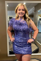 Blue Tight Sequins Homecoming Dress with Feathers