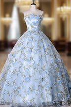 Blue Tulle 3 D Applique Long Prom Dress, Blue Formal Evening Dress