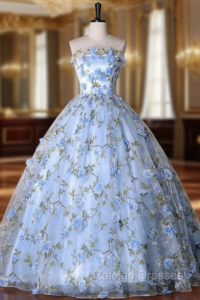 Blue Tulle 3D Flower Strapless Quinceanera Dress Main image