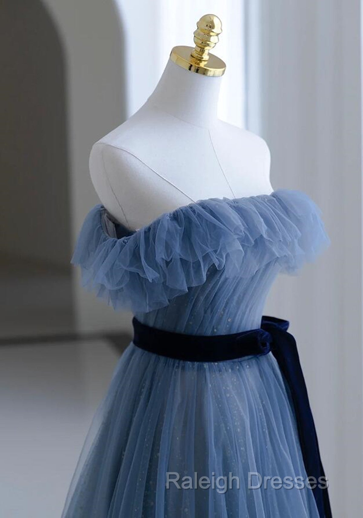 Blue Tulle A-Line Off Shoulder Long Party Dress, Blue Scoop Prom Dress Evening Dress
