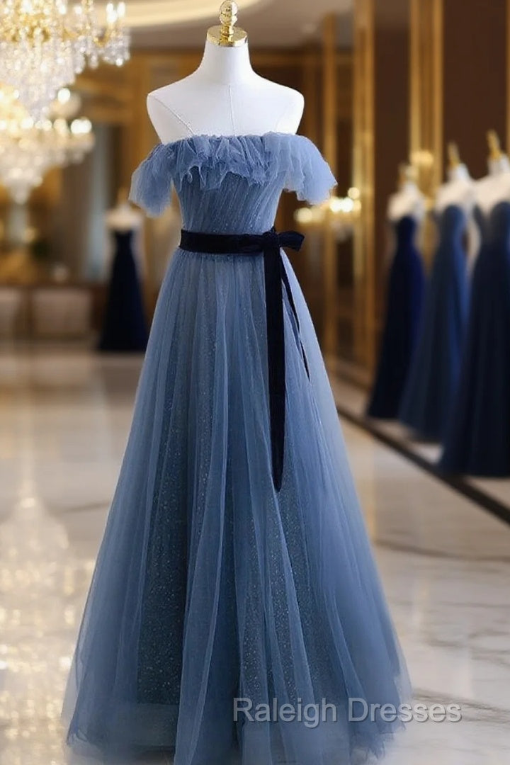 Blue Tulle A-Line Off Shoulder Long Party Dress, Blue Scoop Prom Dress Evening Dress Main image