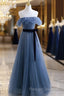 Blue Tulle A-Line Off Shoulder Long Party Dress, Blue Scoop Prom Dress Evening Dress
