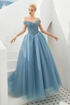 Tulle A line Off Shoulder Sweetheart Beaded Bodice Long Prom Dresses