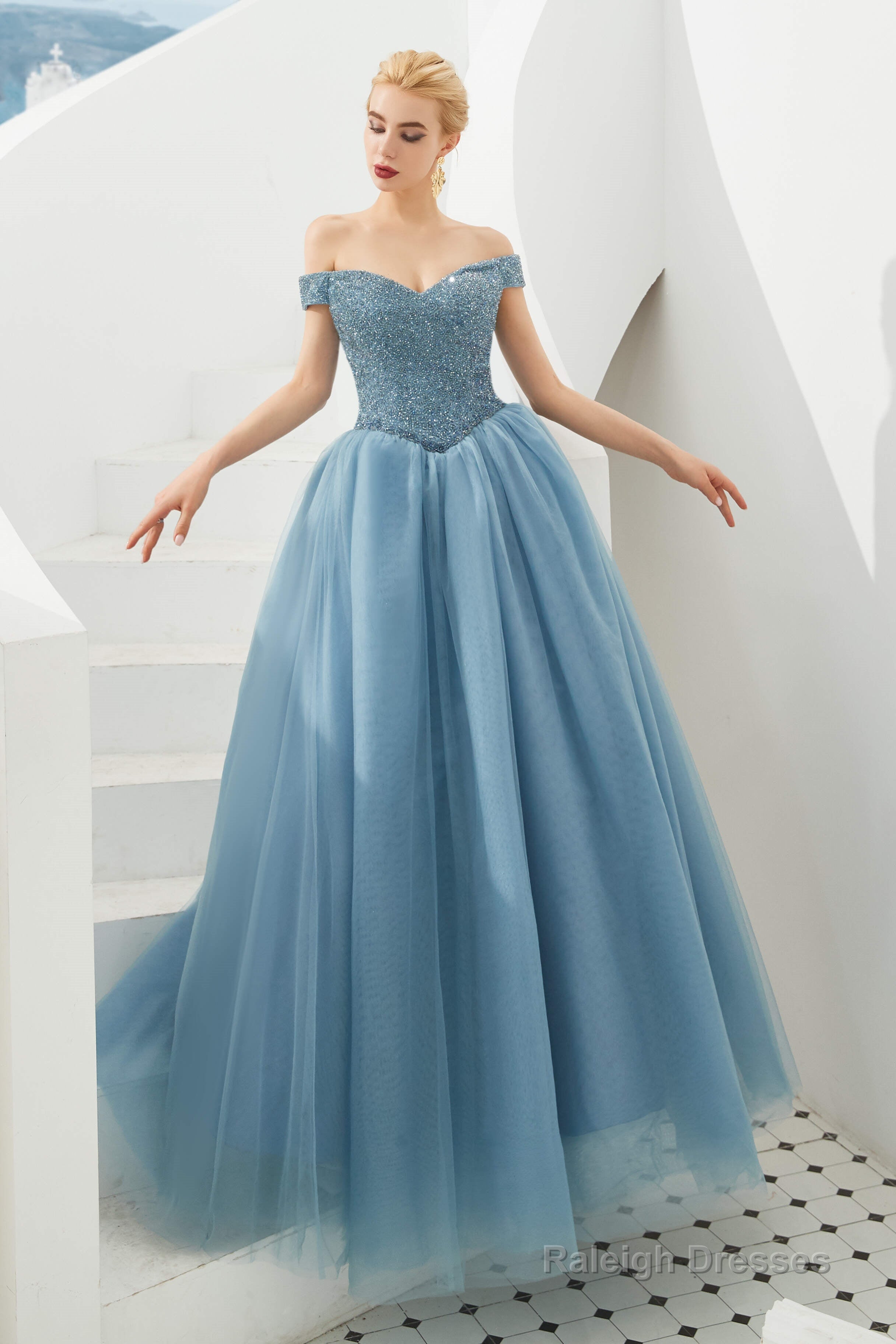 Tulle A line Off Shoulder Sweetheart Beaded Bodice Long Prom Dresses