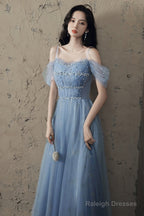 Blue Tulle A-Line Party Dress With Beadings, Blue Long Prom Dress
