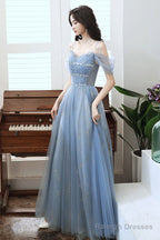 Blue Tulle A-Line Party Dress With Beadings, Blue Long Prom Dress