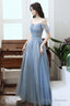 Blue Tulle A-Line Party Dress With Beadings, Blue Long Prom Dress