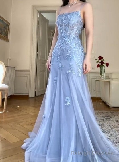 Blue Tulle A-Line Spaghetti Strap Appliqu Long Prom Dress Evening Dress Secondary image