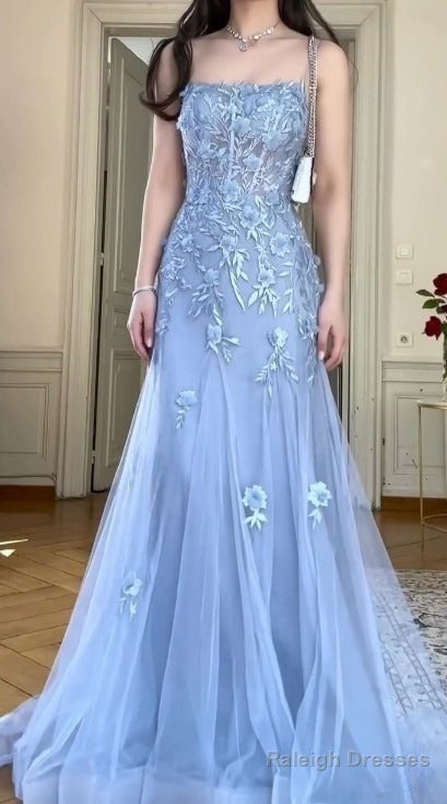 Blue Tulle A-Line Spaghetti Strap Appliqu Long Prom Dress Evening Dress Main image