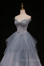 Blue Tulle A-Line Strapless Long Prom Dress, Blue Evening Party Dress