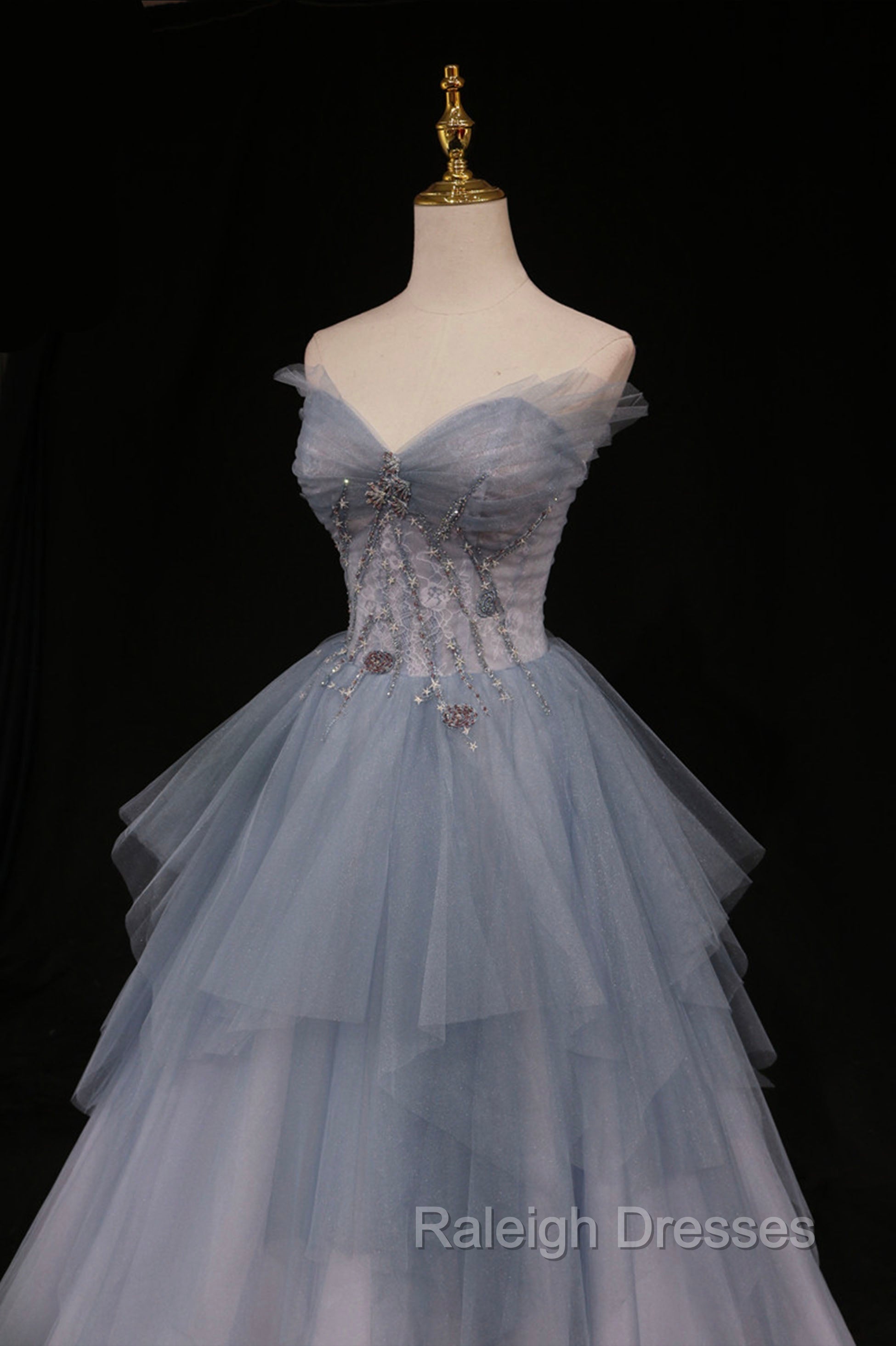 Blue Tulle A-Line Strapless Long Prom Dress, Blue Evening Party Dress