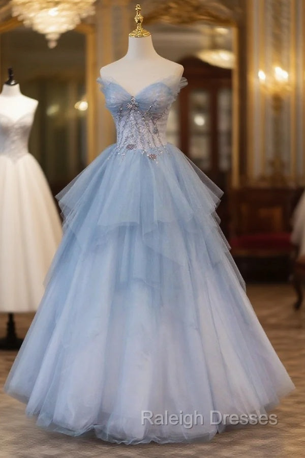 Blue Tulle A-Line Strapless Long Prom Dress, Blue Evening Party Dress Main image